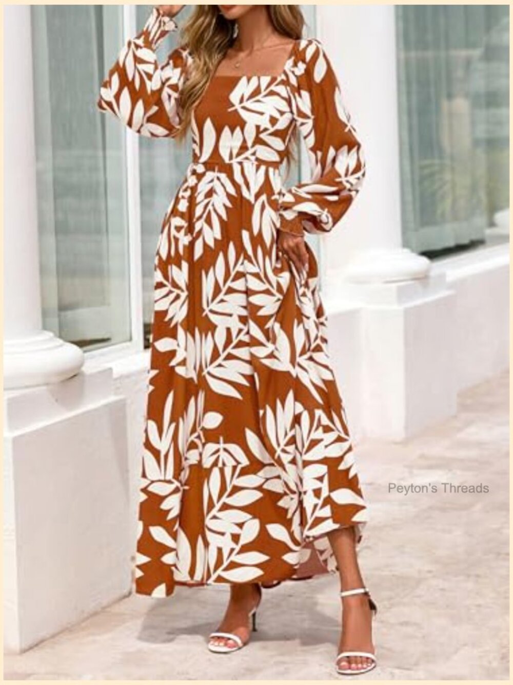 Square Neck Puff Sleeve Boho Maxi Dress with Pockets - Picture 2 of 7